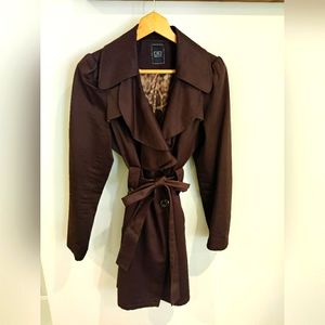 Chocolate brown and leopard print short buttonup trench coat